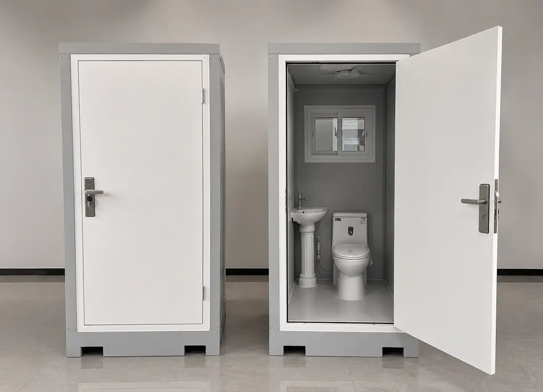 Baños modulares individuales tipo contenedor, cerrado y abierto con inodoro y lavamanos