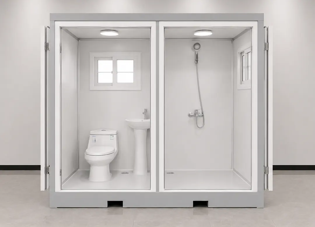 Baño público tipo contenedor con dos compartimentos y lavamanos compartido