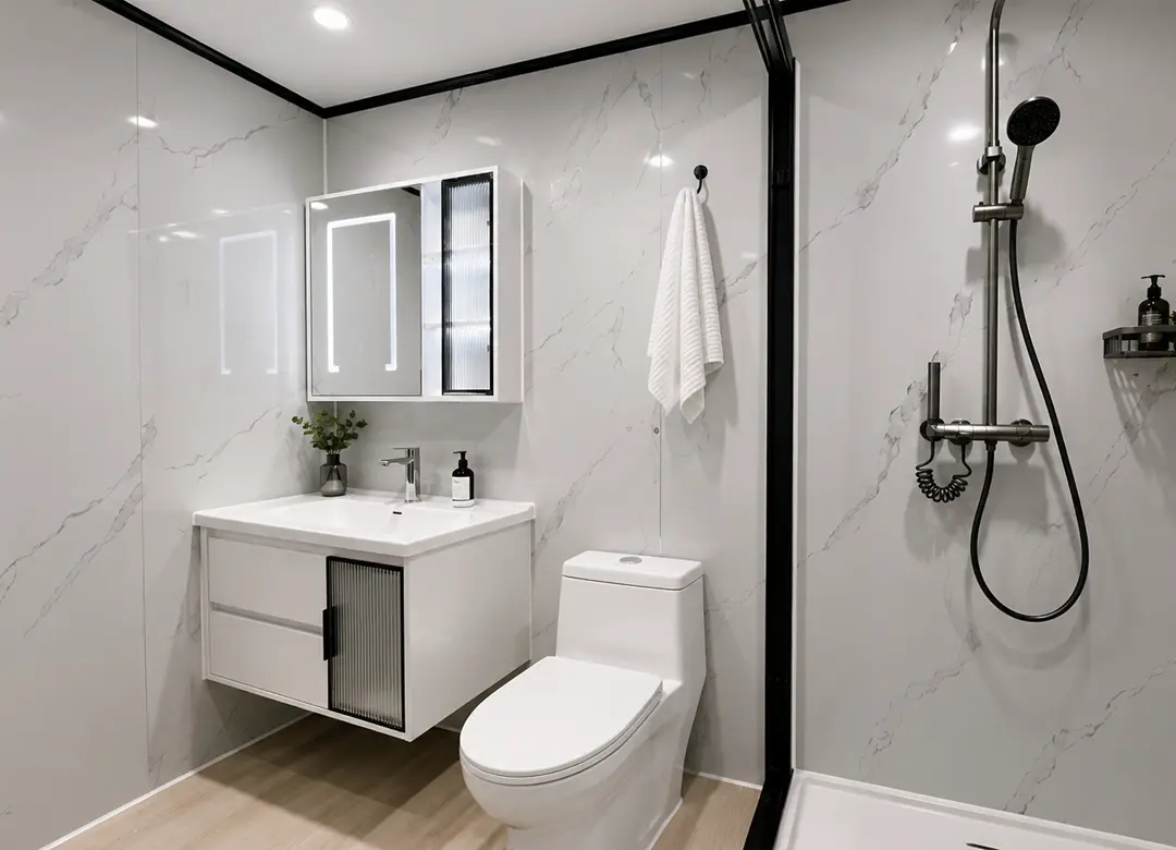 Baño modular con revestimiento símil mármol claro, vanitorio y ducha