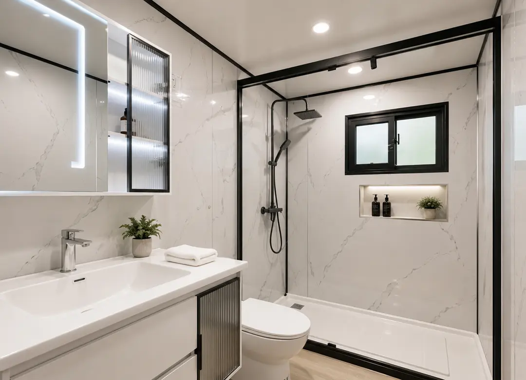 Baño modular con muros símil mármol gris, vanitorio negro y ducha