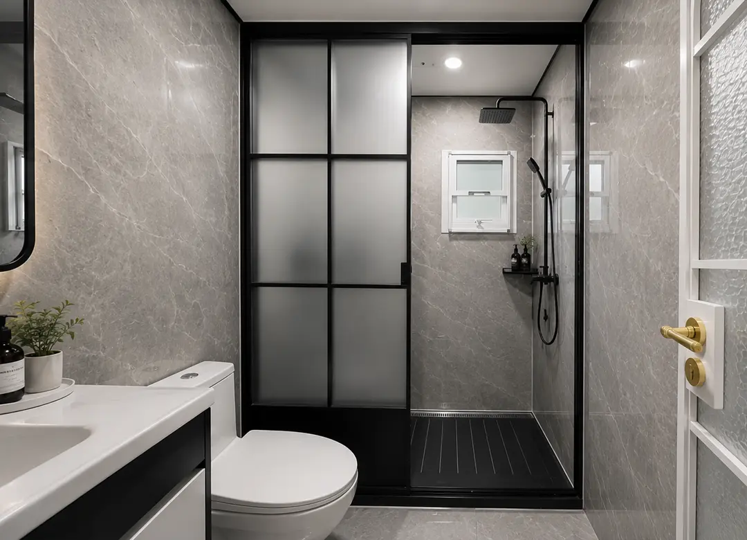 Baño modular gris con ducha de vidrio, inodoro y vanitorio