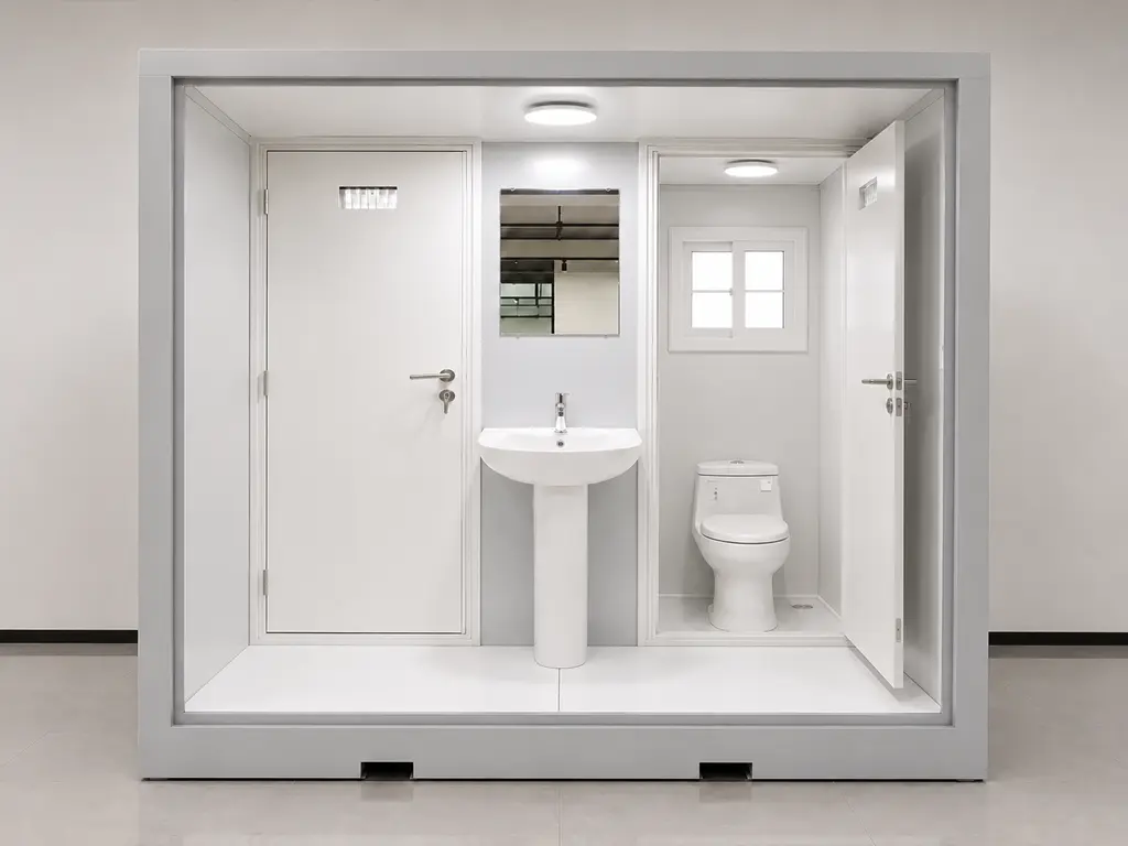 Baño público tipo contenedor con dos compartimentos y lavamanos compartido