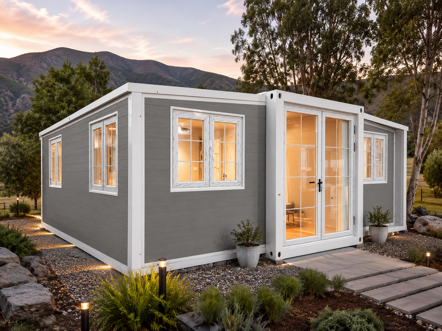 Casa modular gris expandible doble módulo instalada al atardecer