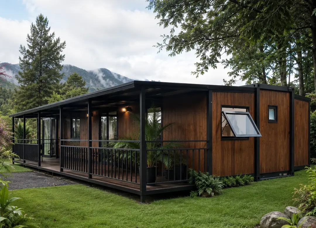 Casa modular con revestimiento de madera y terraza, entre montañas