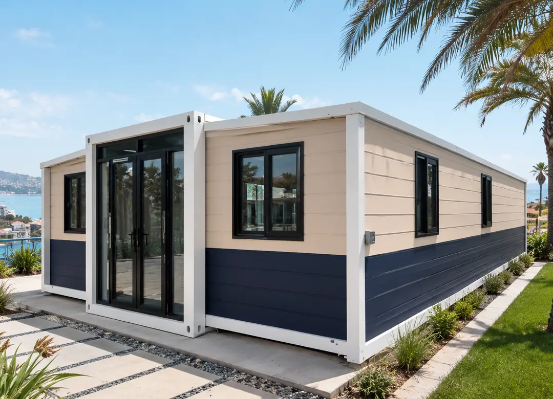 Casa modular con techo a dos aguas, fachada de madera y terraza cubierta