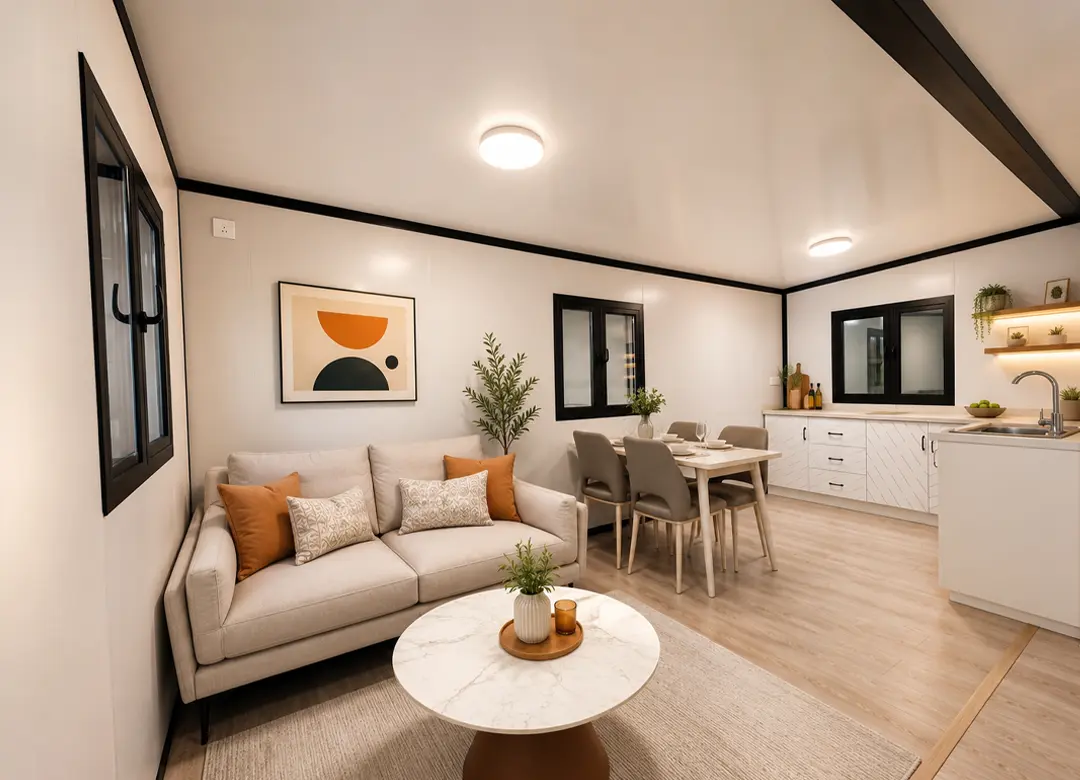 Living con sofá, comedor y cocina al fondo en casa modular