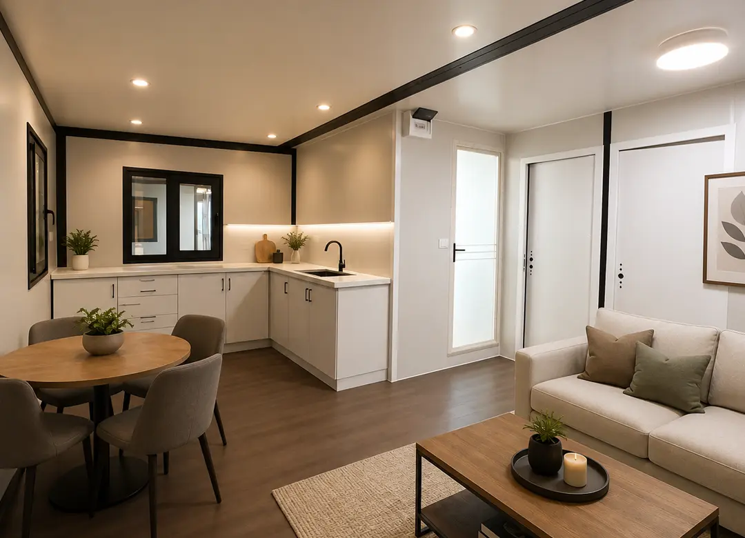 Living de casa modular con ventanal, cortinas y terminación cálida
