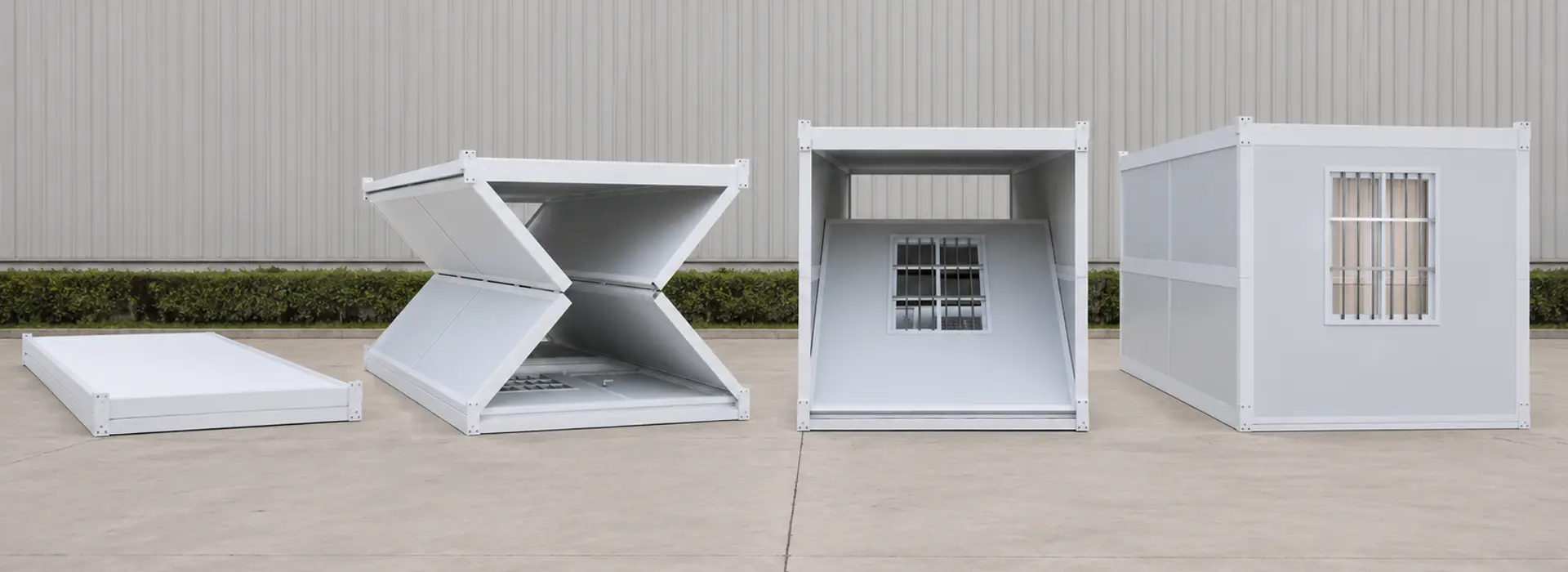 Secuencia de armado de una oficina modular: plegada, desplegándose, estructura abierta y unidad terminada