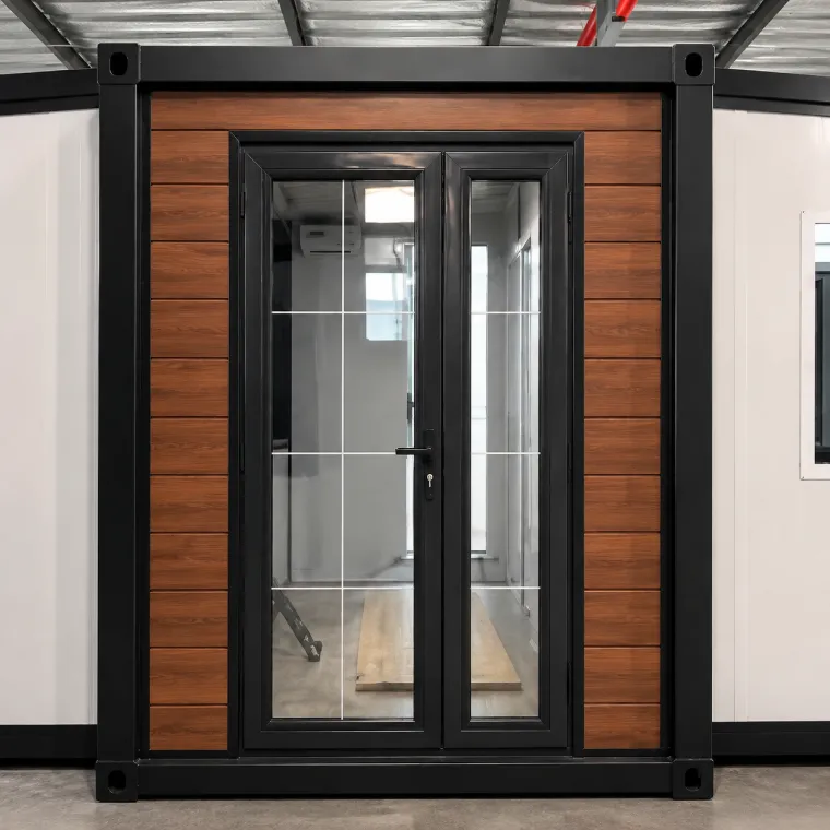Puerta corredera con marco negro y revestimiento de madera
