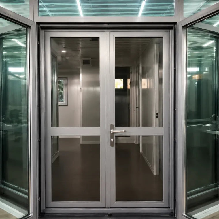Puerta doble de aluminio con vidrio y marco gris