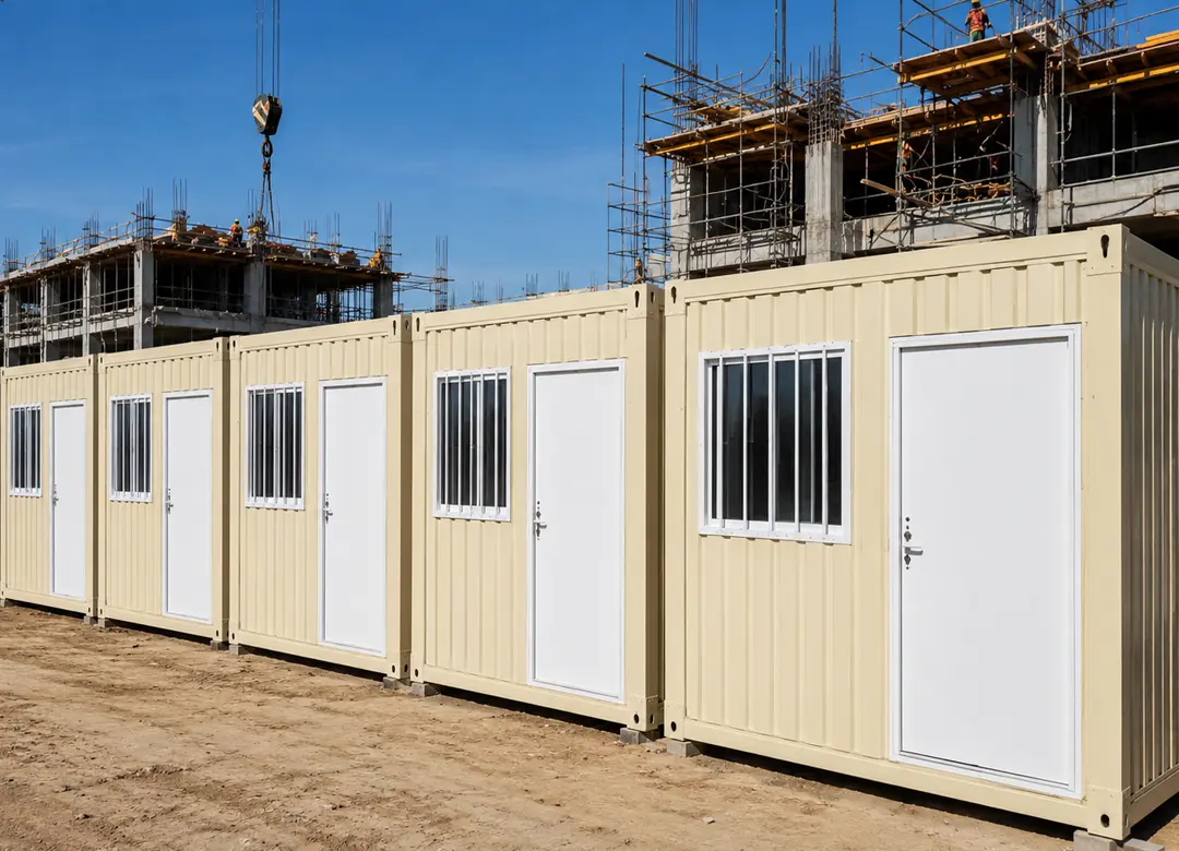 Fila de oficinas modulares instaladas en una obra de edificación