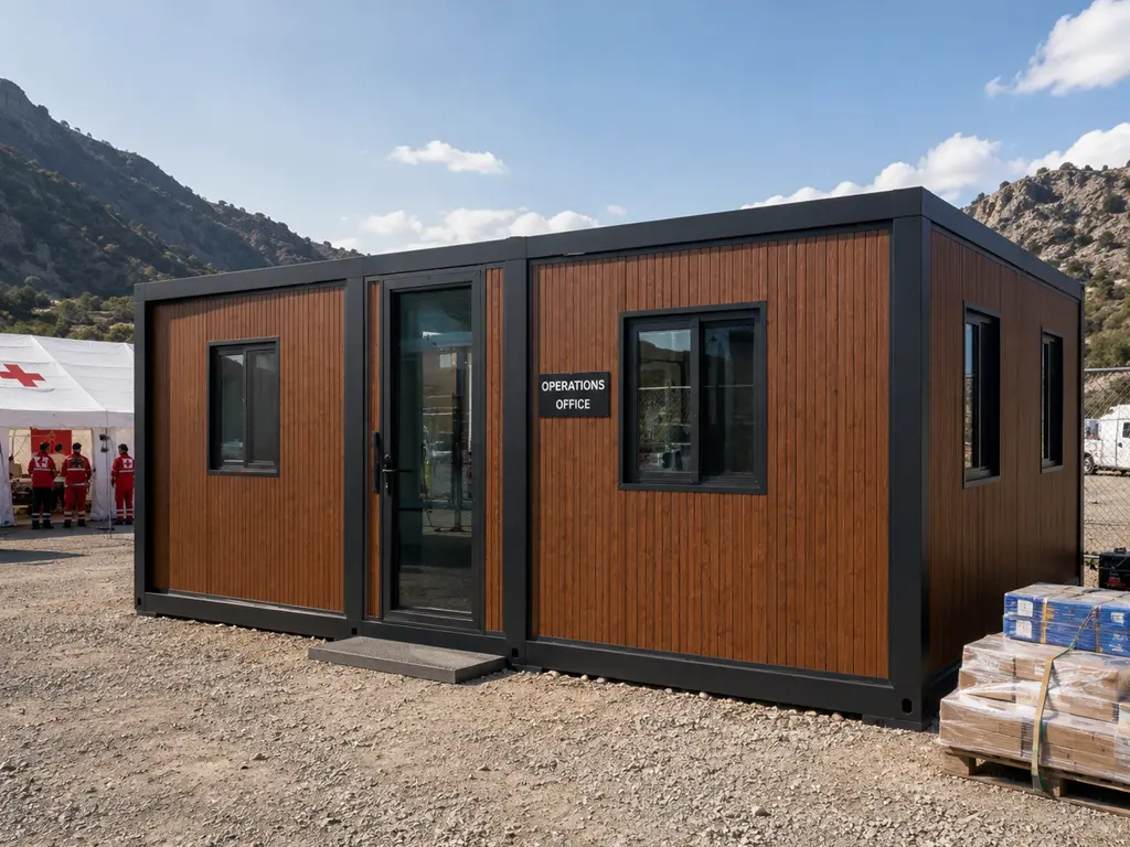Oficina modular de operaciones junto a carpa de emergencia