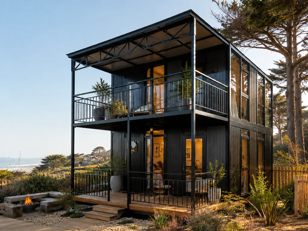 Casa modular de dos pisos con vista al mar y terraza