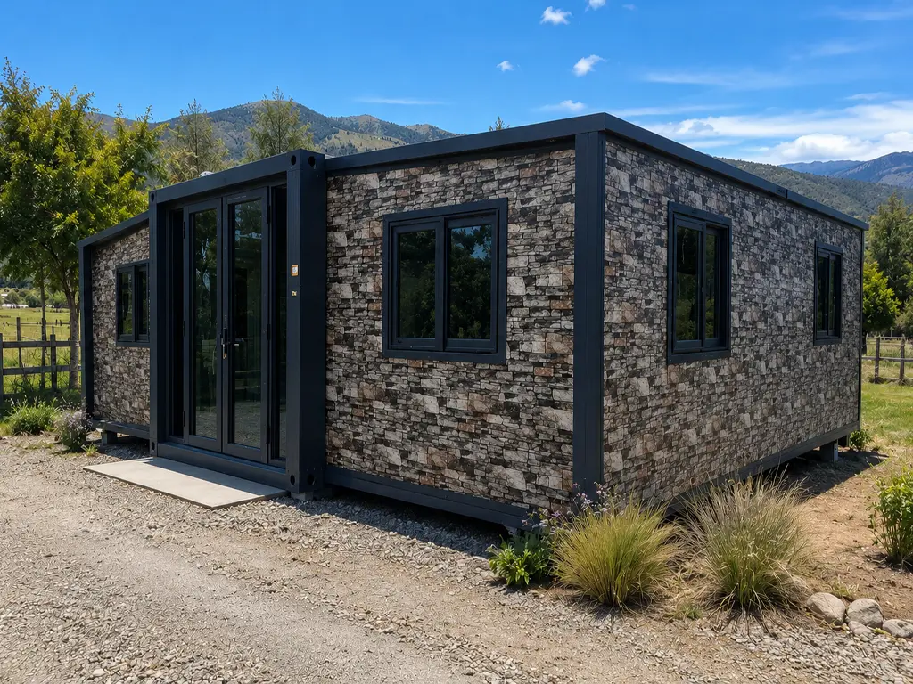 Casa modular con revestimiento de piedra en entorno rural